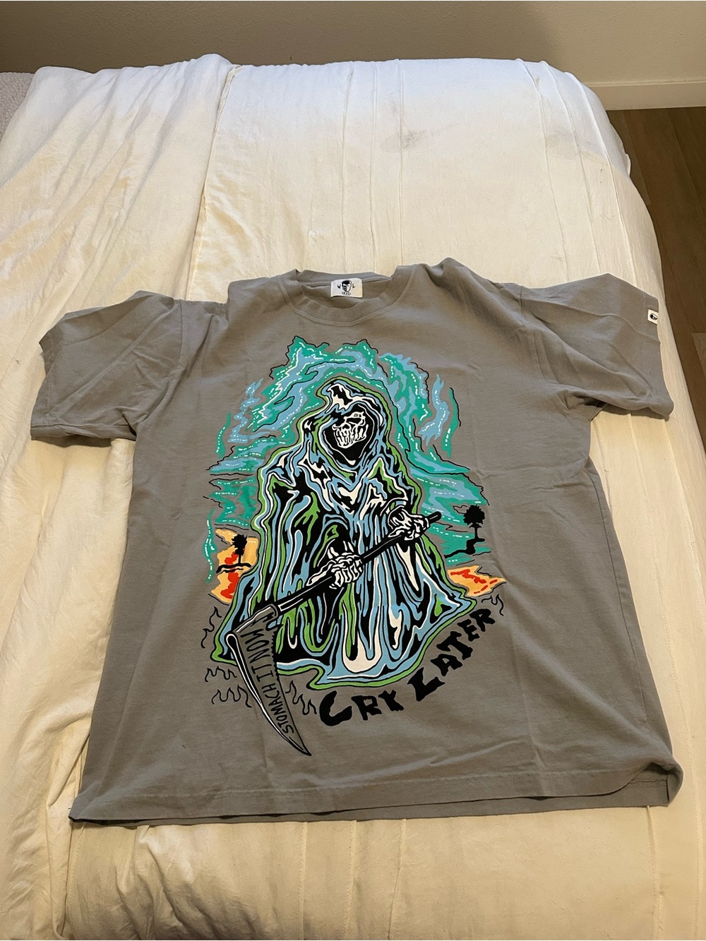 Warren Loras  Gray Graphic Tee with Neon Grim Reaper Print -